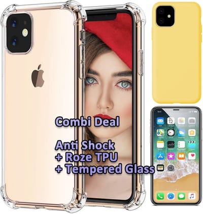 HB Hoesje Geschikt voor Apple iPhone 11 - Combi Deal - Anti Shock Back Cover Transparant - Back Cover Geel / Glazen Screenprotector