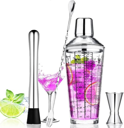 Cocktailshaker Set van 4 Stukken, RVS en Glas, Inclusief Maatbeker en Lepel, Perfect voor Mixen en Shaken van Dranken