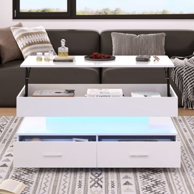 100*50*44cm hydraulisch in hoogte verstelbare salontafel, met LED-verlichting, Bluetooth APP-bediening, 2 lades en open opbergruimte, witte hefbare salontafel