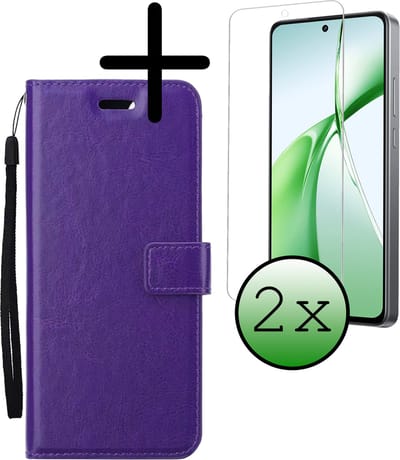 Hoesje Met 2x Screenprotector - Geschikt voor OnePlus Nord CE4 - Luxe Pasjeshouder - Bookcase Portemonee - Flip Case - Kunstleer Book Case - Flipcase Hoes - Book Cover - Walletcase - Portemonneehoes - Paars