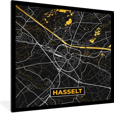 Fotolijst incl. Poster - Kaart - Goud - Plattegrond - Hasselt - Stadskaart - 40x40 cm - Posterlijst