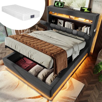 Komhtom Gestoffeerd eenpersoonsbed 90 x 200 cm, hoofdeinde met opbergruimte en USB- en Type-C-poorten, LED-verlichting aan het hoofdeinde en voeteneinde, hydraulische opbergruimte, linnenkleur met matras.