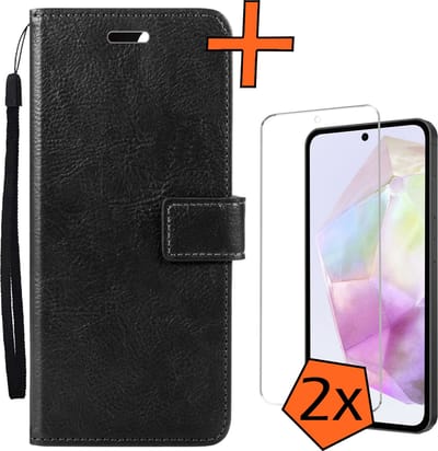 Hoes - Met 2x Screenprotector - Geschikt voor Samsung Galaxy A35 - Luxe Pasjeshouder - Bookcase Portemonee - Flip Case - Kunstleer Book Case - Flipcase Hoes - Book Cover - Walletcase - PortemonneeHoes - Zwart