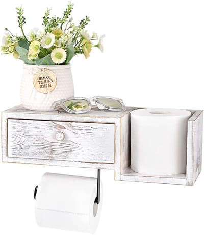 Houten Wandgemonteerde Toiletpapierhouder met Plank en Lade - Badkamer Organizer met Opbergbak en Wasbare Doek, Vintage Wit en Functioneel Design