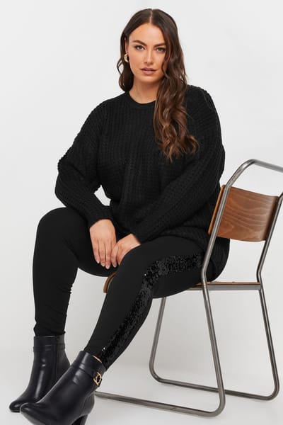 Yours Legging Met Zijstreep Met Pailletten In Zwart Size 42