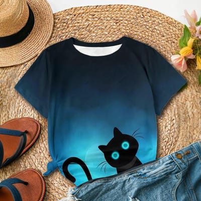 Leuk en Speels Muis/kat Print Dames T-shirt Opvallende Casual Mode Dames Zomer T-shirt met Korte Mouwen 5XL black