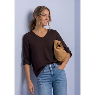 Shirt met lange mouwen, V-hals en mix van texturen