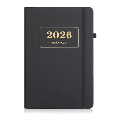 Dailygoods- Agenda 2026 A5 - Tijdmanagementplanner met maandindex - Bladwijzer - Beschermband - Ideaal voor kantoor/school/reizen - Zwarte uitvoering - Plannner