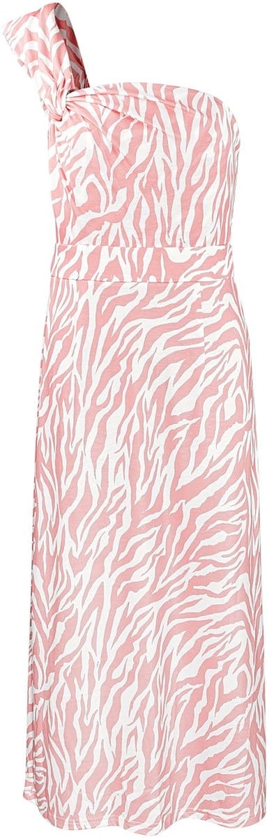 Elegante Een-Schouder Maxi-Jurk met Zebraprint - Roze - Maat M