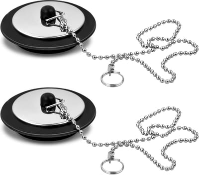 Gootsteenplug met Ketting - 2 Stuks - Premium Wastafelstop - Rubber - met RVS Paneel - Universele Badkuipstop - Binnendiameter 43 mm - Duurzaam Sorteersysteem - Afvoerplug Keuken en Badkamer - Zwart