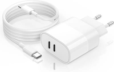 35W USB-C Stekker + 1 Meter Kabel Geschikt voor Apple iPhone - Snellader met 2 USB C Poorten - Oplader Adapter