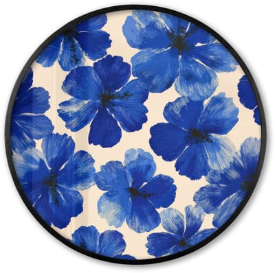 Poster in lijst Rond - Fotolijst 60x60 cm - Posters - Bloemen - Blauw -Patroon - Wit - Ronde posterlijst zwart - Decoratie - Wanddecoratie woonkamer - Muurdecoratie slaapkamer