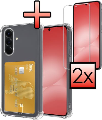 Hoesje - Geschikt voor Samsung Galaxy A56 - Met 2x Screenprotector - Pashouder - Kaarthouder - Telefoon Hoes Shockproof - Siliconen Case - Back Cover - Shock Proof - Pasjes Houder - Transparant