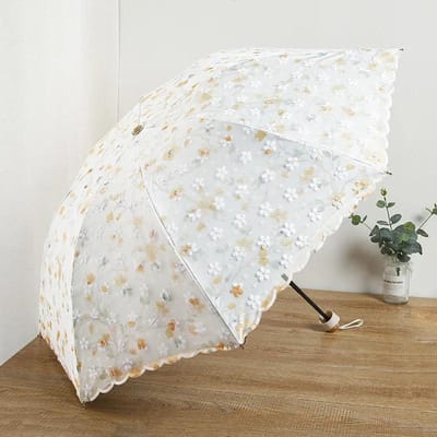 Mode Dubbellaags Kant Bloemenborduursel Opvouwbare Paraplu Zomer Buiten Mini Zonnescherm UV Bescherming Opvouwbare Zonnige Paraplu white