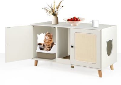 COSTWAY Kattenkast voor kattentoilet, kattenbakkast met 2 deuren en krabplank en 2 sisal-krabmatten & ingang, kattenhuis voor 2 katten, kattenmeubel bijzettafel, 108 x 50 x 60 cm (wit)