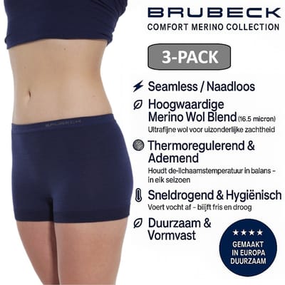 Brubeck Dames Boxershort – Merino Wol Blend Naadloos Ondergoed – 3 PACK - Navy Blauw – Maat S