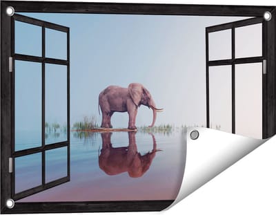 Gards Tuinposter Doorkijk Olifant bij het Water - 60x40 cm - Tuindoek - Tuindecoratie - Wanddecoratie buiten - Tuinschilderij