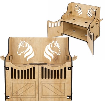 Hoofly® Hobby Horse Stall – Wandhouder voor 2 stokpaarden met deuren, haken en insteeksysteem – Wandbevestiging incl. schroeven en pluggen – Ontworpen in Duitsland