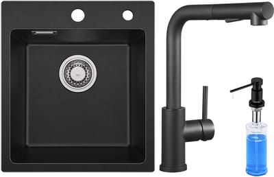 SOFETIY MAX Spoelbak Keuken Zwart 40x45CM - Graniet Spoelbakken Zwart - Enkele Spoelbak Met Keukenkraan met Uittrekbare Uitloop en Zeepdispenser 300ML - Spoelbakken Incl. Sifon en Afvoerzeefje