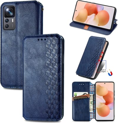 Luxe PU Lederen Ruitpatroon Wallet Case + PMMA Screenprotector voor Xiaomi 12T / 12T Pro _ Blauw