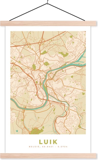 Posterhanger incl. Poster 40x60 cm - Schoolplaat - Luik - Luik - Stadskaart - Kaart - Plattegrond - Textielposter - Blanke latten - Stadskaart