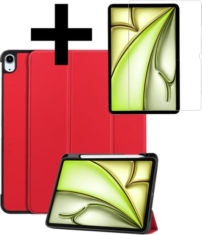 Hoes - Geschikt voor Apple iPad Air (2024/2025/2026) - 11 inch - Met Screenprotector - Trifold Bookcase - Hard Cover Case - Met Uitsparing Geschikt voor Apple Pencil - Hardcover Book - Tablet Hoesje - Rood