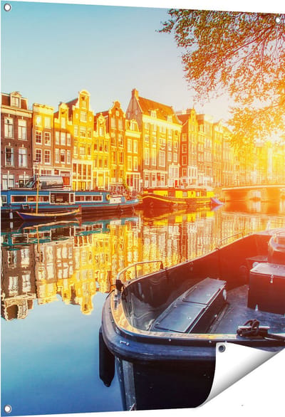 Gards Tuinposter Amsterdamse Brug - Gracht - met Bloemen - 80x100 cm - Tuindoek - Tuindecoratie - Wanddecoratie buiten - Tuinschilderij
