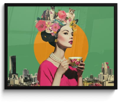 Poster in lijst - Fotolijst 80x60 cm - Posters - Retro - Vrouw - Stad - Zon - Posterlijst zwart - Decoratie - Wanddecoratie woonkamer - Muurdecoratie slaapkamer