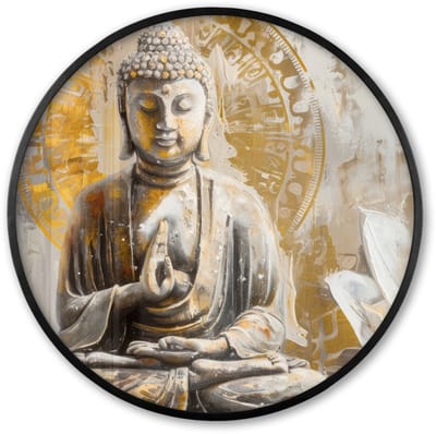 Poster in lijst Rond - Fotolijst 60x60 cm - Posters - Boeddha - Bloem - Lotus - Wit - Goud - Zen - Ronde posterlijst zwart - Decoratie - Wanddecoratie woonkamer - Muurdecoratie slaapkamer