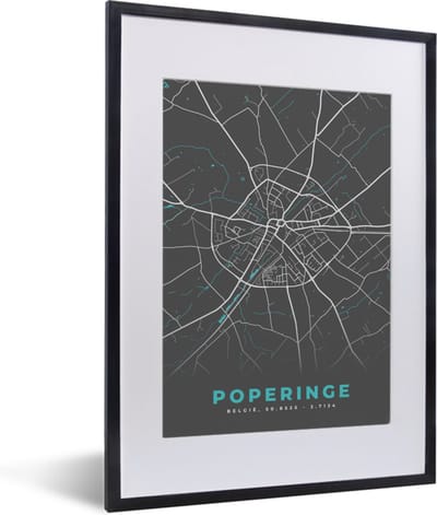 Fotolijst incl. Poster - Plattegrond – Poperinge – Blauw – Stadskaart - Kaart - België - 30x40 cm - Posterlijst