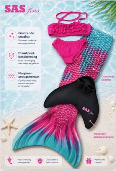 Zeemeerminstaart set Cherry Splash | Extra smalle taille | Met Shine coating & slijtvaste staartpunten. Maat 134/140