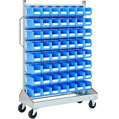 Trolley v. magazijnbakken, enkelzijdig, b 1130 x d 510 x h 1705 mm, 56 x 3 l blauw