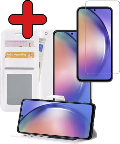 Hoesje - Met Screenprotector - Geschikt voor Samsung Galaxy A54 - Luxe Pasjeshouder - Flipcase - Bookcase Portemonee - Flip Case - Kunstleer Book Case - Book Cover - Walletcase - Portemonneehoes - Telefoonhoes - Wit