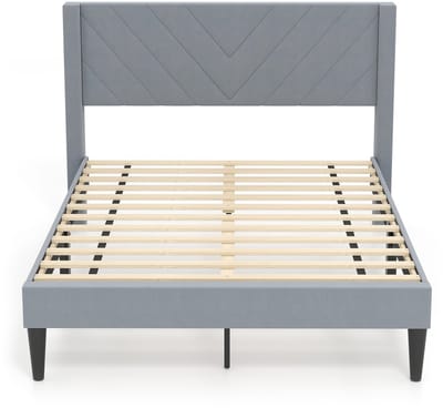 COSTWAY Bedframe voor matras van 200 x 140 cm, fluwelen stof, gevoerd tweepersoonsbedframe, platformbed met hoofdeinde, houten lattenondersteuning, verstelbare voetkussens, grijs (model V, L)