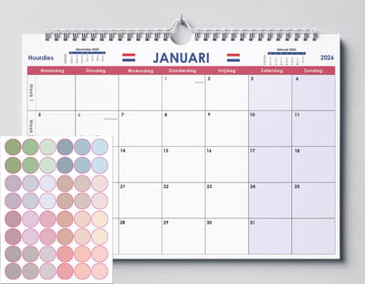 Huurdies® - Kalender 2026 - A4+ -48 morandi stickers - Nederlandse Feestdagen - Dagenteller - Weeknummers