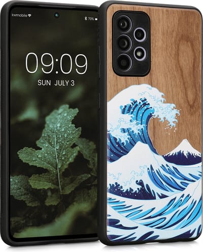 kwmobile telefoonhoesje geschikt voorSamsung Galaxy A52 / A52 5G / A52s 5G - Hoesje met bumper - hout - In blauw / wit / bruin Golven op Hout design