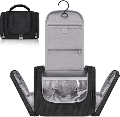 Hanging Toiletry Bag voor Vrouwen met 8.6 Liter Capaciteit, 5 Compartimenten, Ideaal voor Reizen, Make-up en Toilettas, Zwart en Stijlvol