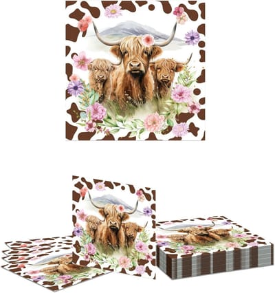 20 Stuks Highland Cow Servetten met Bruin Koeienprint voor Verjaardagsfeest en Babyshower Decoraties, Wegwerp Papieren Servetten voor Feestelijke Gelegenheden