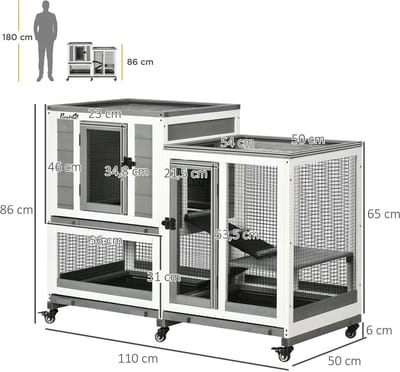 NordHaus Konijnenhok Binnen - Houten Dierenverblijf - Multi-Level Kooi met Wielen en Remmen - Uitneembare Bakken - 110x50x86 cm