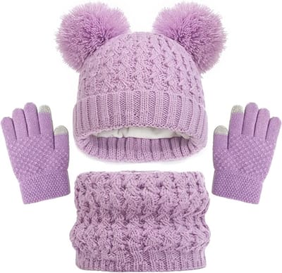 3-Delige Set - Sjaal, Handschoenen en Hoed - Paars - Acryl - Kinderen gebreide warme nekwarmer muts en handschoenen - Aanraakscherm handschoenen - Winteraccessoires - Voor meisjes jongens 2-8 jaar oud - Voor skiën buitenactiviteit
