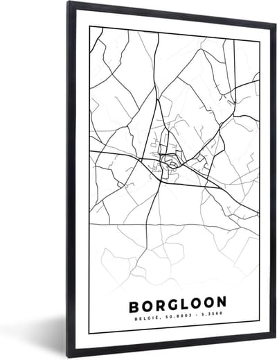 Fotolijst incl. Poster Zwart Wit- België – Borgloon – Stadskaart – Kaart – Zwart Wit – Plattegrond - 40x60 cm - Posterlijst