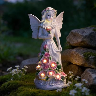 Tuinbeeld Engel - Feeënfiguur Zonnelamp - Tuin Decoratie - Zonne-energie Verlichting - 33 cm - Wit
