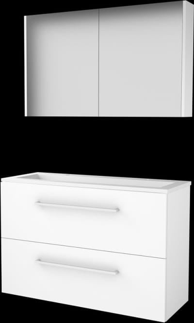 Basic Comfort 39 badmeubelset met spiegelkast, wastafelonderkast met grepen, 2 lades en acryl wastafel met 2 kraangaten 100 x 39 cm, ice white