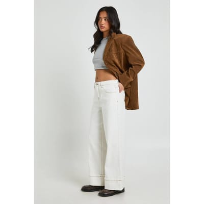 boohoo Dames Petite Omgeslagen Hoge Taille Wijde Pijpen Jeans | Ecru | Maat: 14