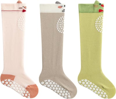 Schattige antislip baby sokken, 3 paar katoenen peutersokken met siliconen handgrepen voor meisjes, perfect voor spelen en leren lopen