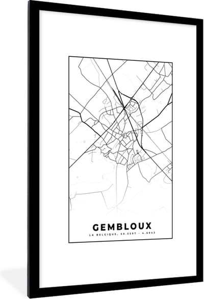 Fotolijst incl. Poster Zwart Wit- Kaart – Plattegrond – Stadskaart – Gembloux – België – Zwart Wit - 80x120 cm - Posterlijst