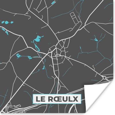 Poster Kaart – Plattegrond – Stadskaart – Le Rœulx – België - Grijs - 100x100 cm XXL