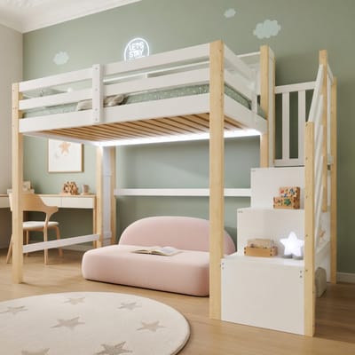 Gutent-Hoogslaper-90x200-cm-met-LED-verlichting-grote-opbergruimte-onder-het-bed-opbergtrap-open-opbergvak-wit-natuur