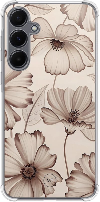 Hoesje (shockproof) geschikt voor Samsung Galaxy A15 - Sand flowers - Extra sterke case - TPU/polycarbonaat - Bloemen - Beige, Transparant