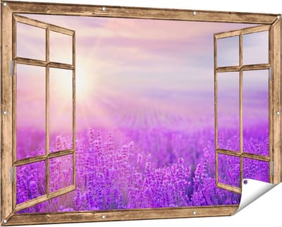Gards Tuinposter Doorkijk Bloemenveld met Paarse Lavendel - 150x100 cm - Tuindoek - Tuindecoratie - Wanddecoratie buiten - Tuinschilderij